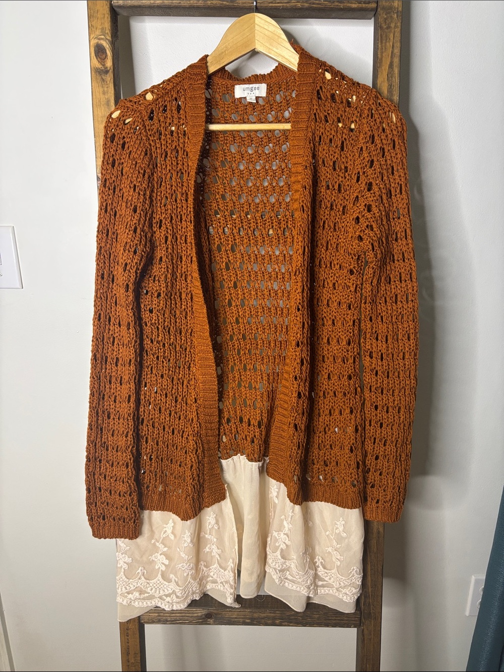 Umgee Open-Knit Rust Crochet Cardigan Size M